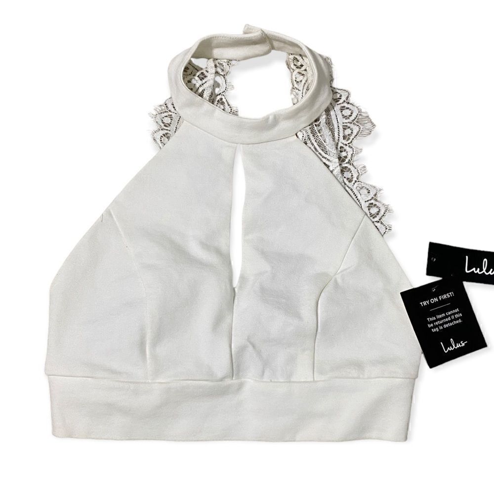 Lulu’s white/ivory crop top with lace back detail